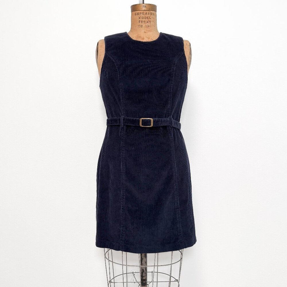 Vintage 90s Limited America Navy Blue Corduroy Belted Sleeveless Dress Size 6